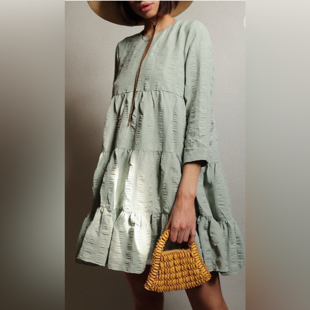 En Saison Tiered Babydoll LS Dress,Size-Small,Color-Sage Green